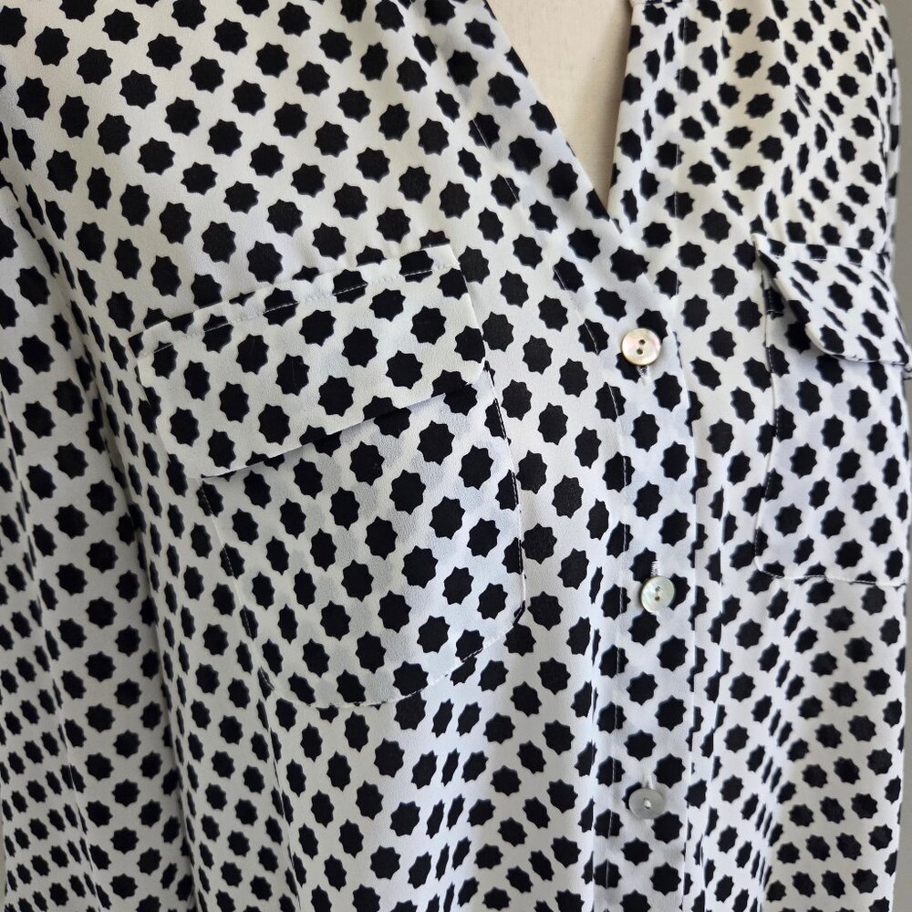 Black and White Button Down Shirt Medium Polka Dot Blouse Top 3/4 Sleeves Knot - Picture 2 of 10